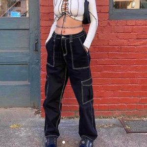 Fashion Nova Black Cargo Pants with White Seams